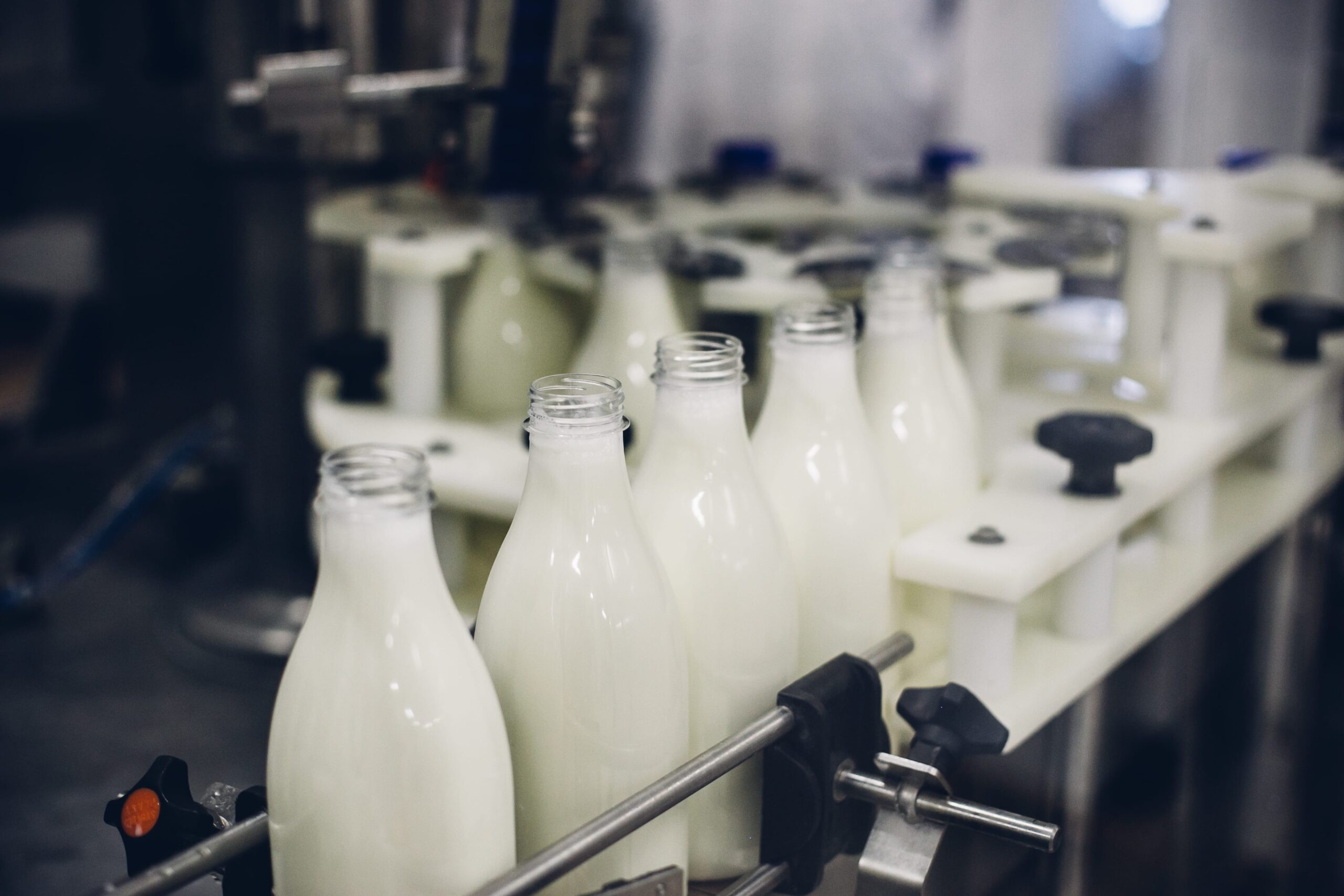 Selective focus shot of milk bottling factory